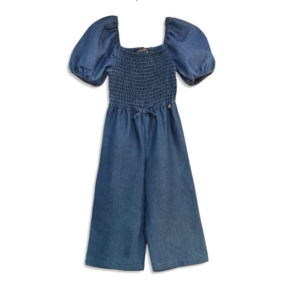 NWT Vince Camuto Little Girl Smocked Bodice Puff Sleeve Denim Jumpsuit